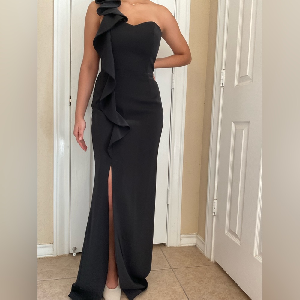 Black Shelli Segal Laundry Off the Shoulder Slit Gown, sz 4